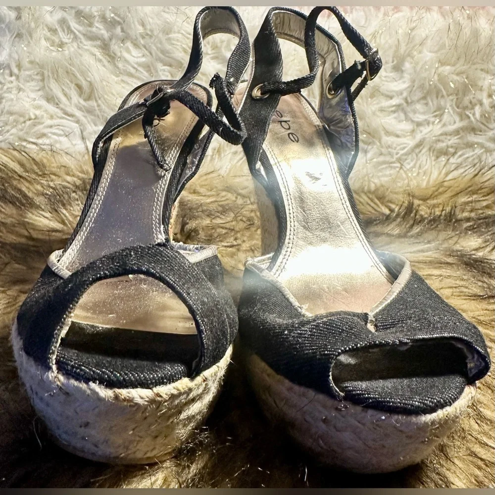 Vintage Bebe Blue Denim Espadrille Wedge Sandals Women’s Size 8.5 – Y2K Style